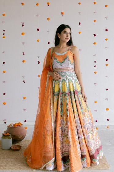 Orange digital Anarkali set