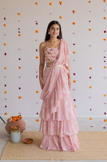 Pink floral saree set