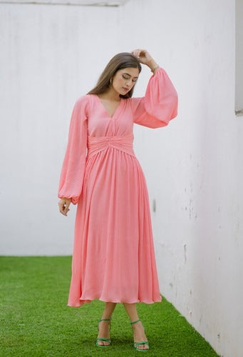 Pleated peach dress