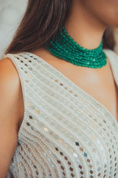 Plunge neck mirror work blouse