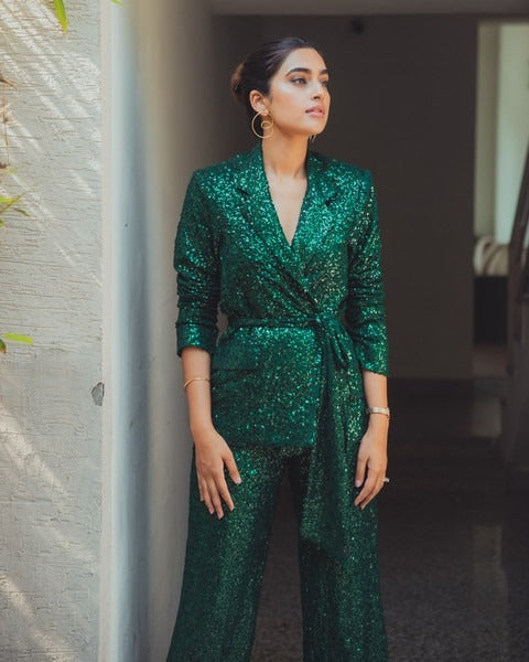 Green sequin blazer with belt
