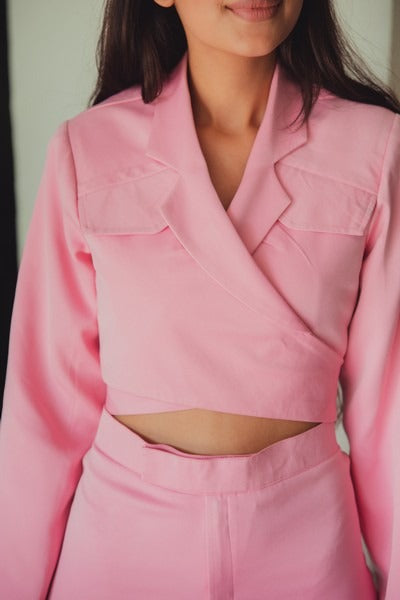 Bubblegum tie-up crop blazer