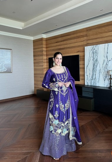 Purple bell sleeve suit and skirt set