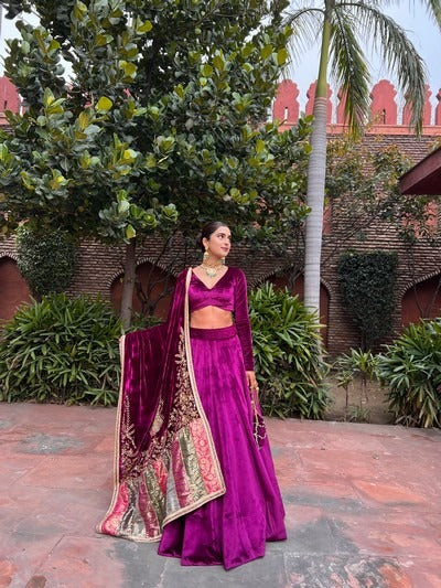Velvet lehenga with embroidered orhni