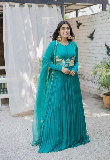 Peacock green short jacket Anarkali